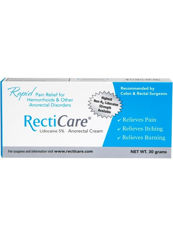 RectiCare Anorectal Lidocaine 5% Cream: Topical Anesthetic Cream for Treatment of Hemorrhoids & Other Anorectal Disorders - 30g Tube - Image 1